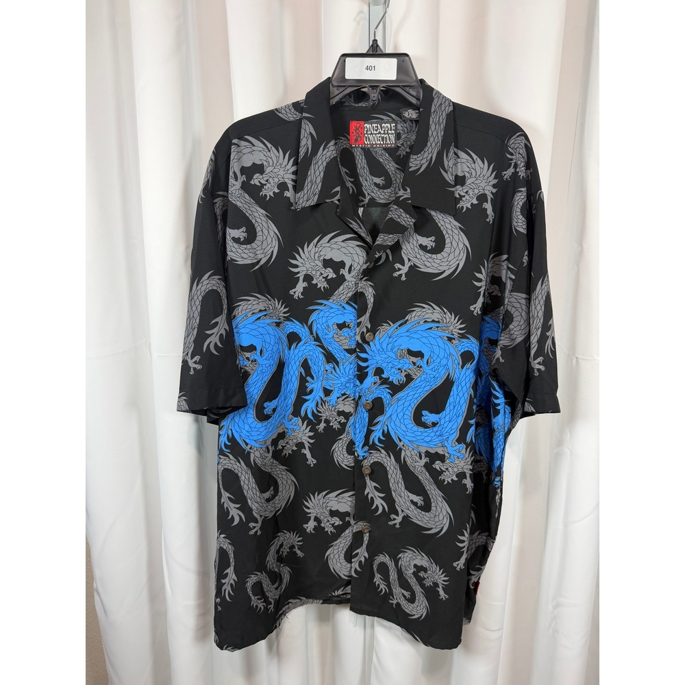 Pineapple Connection Mens XL Dragon Print Button Up Shirt Black Blue Mystic Orig